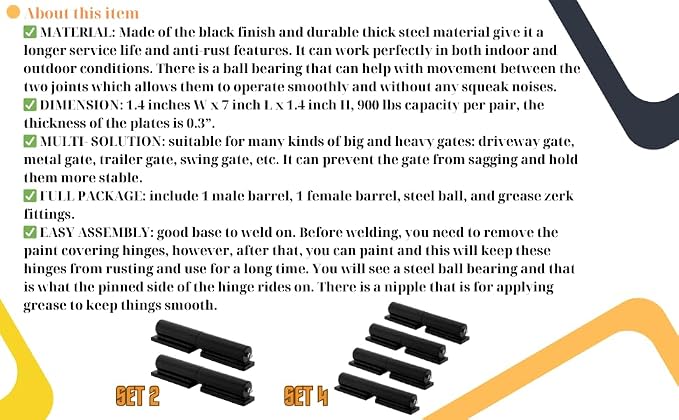 4PACK Gate Hinge, Heavy Duty (7"), Weld-On Install, Wood/Metal Fence - Black