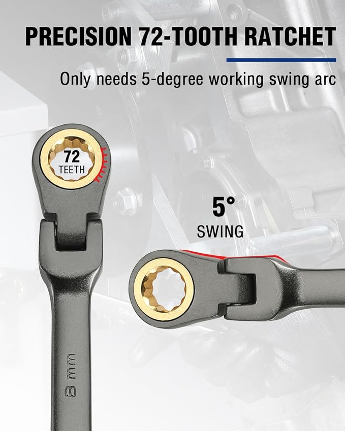 WORKPRO 8 mm Flex-Head Ratcheting Combination Wrench, Nickel Plating | Cr-V Constructed, 72-Teeth, 12 Point Design, Metric, For Home Improvement, Auto Repairs, Plumbing, Constructions, Machinery