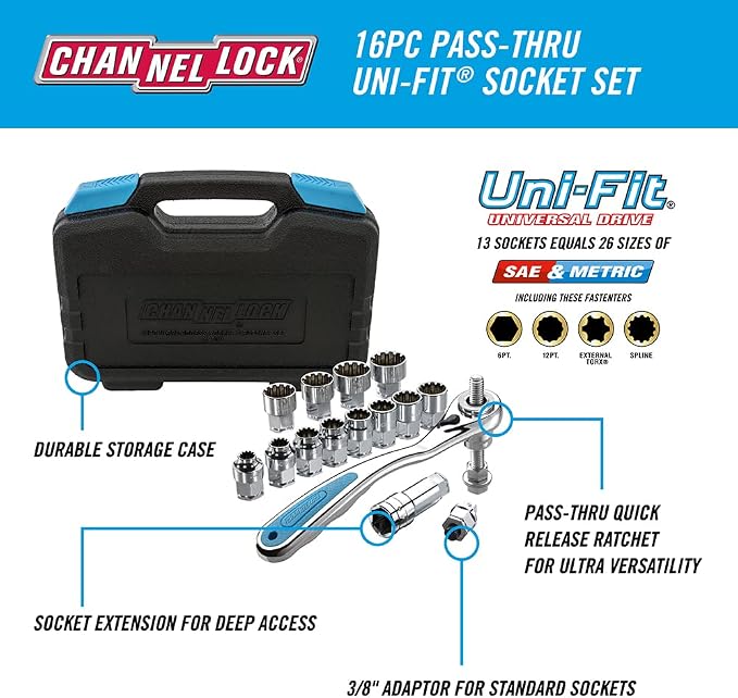 Channellock Ultra Access Socket Set 39100 - Pass-Thru Ratchet, Chrome/Nickel - 16 Piece UNIFIT