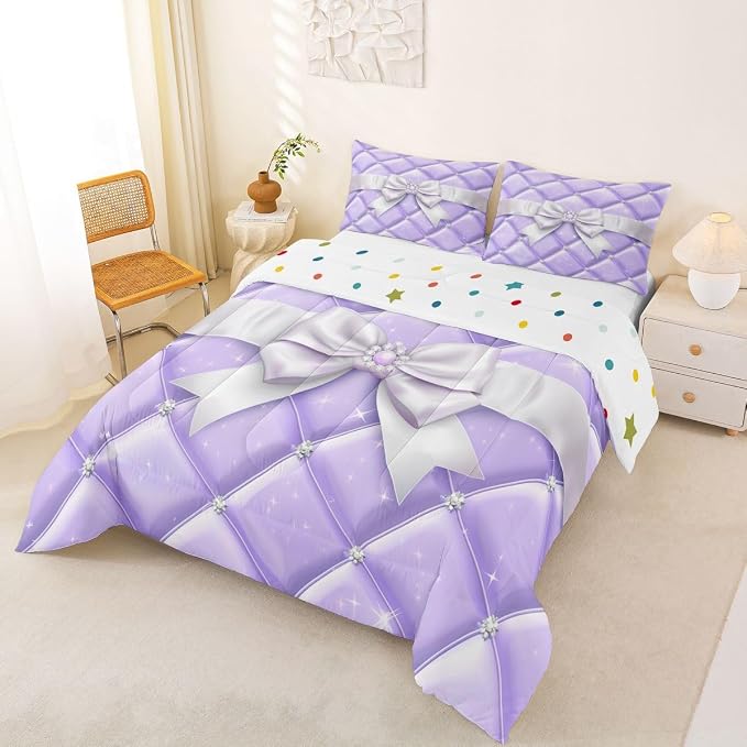 Feelyou Cute Purple Bow Kids Comforter Set King Size Glitter Bowknot Bedding Set Princess Duvet Quilt for Kids Boys Girls Bedroom Decor Microfiber Ultra Soft Breathable