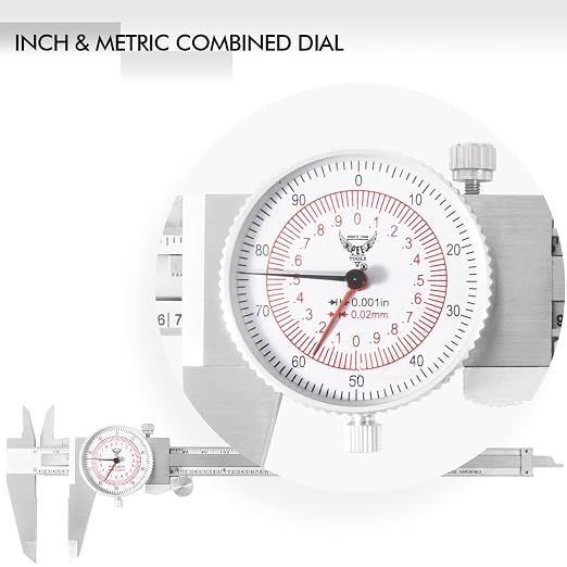 PECtools 8 Inch Dial Caliper, DIN 862 Inch/Metric Double Dial Caliper, 0-200mm, 0.001"/0.02mm Resolution, Stainless Steel, Shock Resistant, with Case