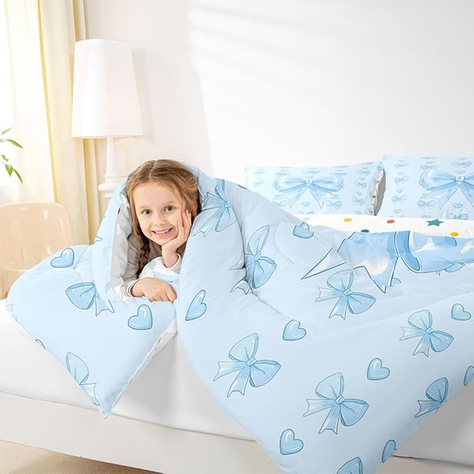 Feelyou Cute Blue Bow Bedding Set Soft for Boys Girls, Love Hearts Bowknot Comforter Set Queen Size Girly Bow Tie Duvet Quilt Microfiber Bedroom Decor 3 Pcs with 2 Pillow Cases