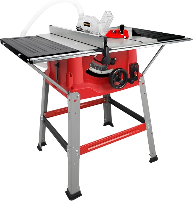 Table Saw with Stand 10-Inch, 15A 5000 RPM Portable Jobsite Table Saw, 0-45° Bevel & 90° Crosscut For 2-9/16" To 3-11/32" Max Cutting Depth, Angle Stop & Push Stick for Woodworking & DIY