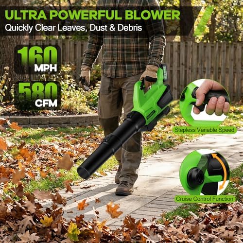 SOARFLY Leaf Blower Cordless, 580 CFM Airflow Electric Leaf Blowers with 2×4.0Ah Batteries and Charger, Stepless Speed Control, Powerful Snow Blowers for Lawn Care, Patio, Dust, Blowing Leaves