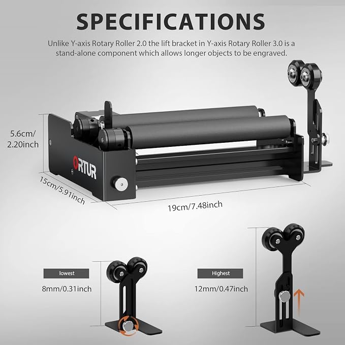 Ortur Laser Rotary Roller YRR 3.0, Pre-Assembled 360° Y-axis Rotary for Cylinder Engraving, Adjustable Diameters from 1mm-41mm, Max Length of Engraved Object to 600mm