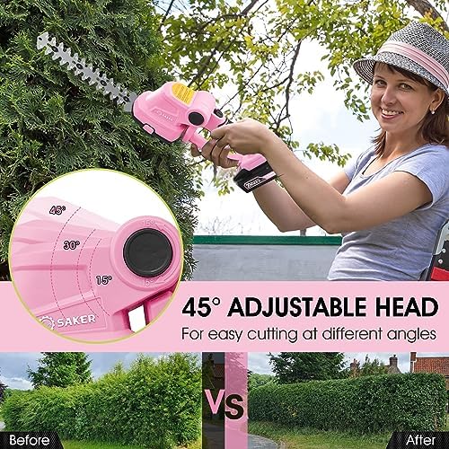 Saker Cordless Hedge Trimmer-20V Electric Shrub Trimmer Grass Shears Handheld Grass Cutter, Hedge Shear with 2 PCS Rechargeable Battery and Charger for Garden, Lawn(Pink)