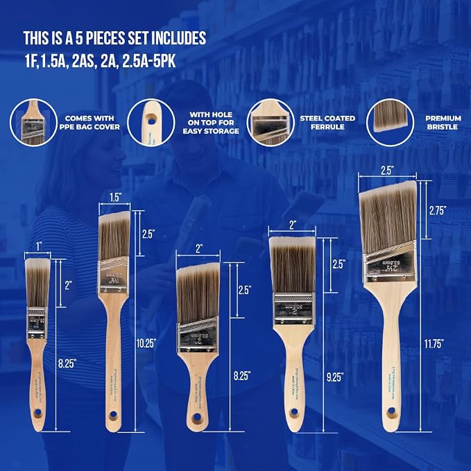 Pro Grade Paint Brushes, 5-Piece Paint Brush Set, Flat & Angle Brushes for Walls, Trim, Cabinets, Interior & Exterior Latex and Oil Paints, Stains