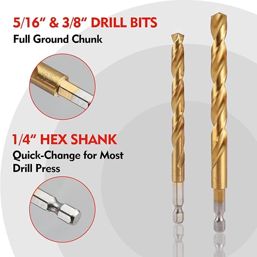 WORKPRO 9-Piece 1/4" Hex Shank Drill Bit Set, Titanium Plating HSS Drill Bits from 1/16" to 3/8" for Metal, Steel, Wood, PVC, Quick Change Design