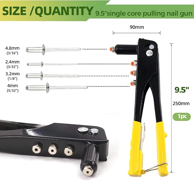 Keadic 226Pcs Heavy Duty Manual Riveter with 6 Sizes Aluminum Blind Rivets Assortment Kit, M2.4 M3.2 M4 M4.8 Silver Tone Pop Rivets and Hand Rivet Gun Tool for Furniture Automotive Metal Work