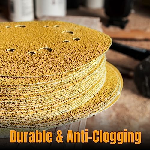 POWERTEC 50 PCS 120 Grit - 5 Inch 8 Hole Hook and Loop Sanding Discs, 5" Sanding Pads for Automotive, Drywall, Woodworking with Orbital Sander, Air, and DA Sander (44012G-50)