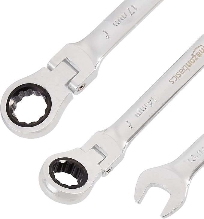 Amazon Basics 72-Tooth Ratcheting Combination Wrench Set, Chrome Vanadium Steel Flex Head, 5-Piece Metric, 180° Flexible