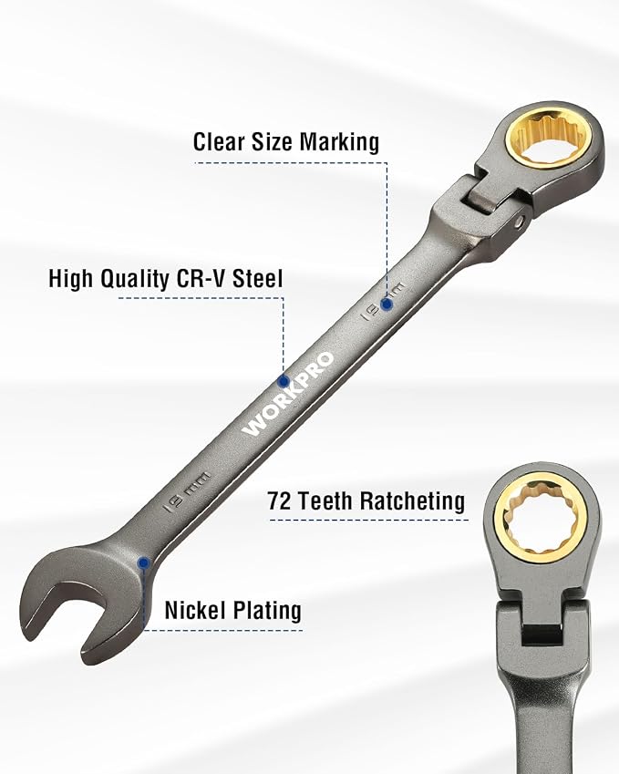 WORKPRO 19 mm Flex-Head Ratcheting Combination Wrench, Nickel Plating | Cr-V Constructed, 72-Teeth, 12 Point Design, Metric, For Home Improvement, Auto Repairs, Plumbing, Constructions, Machinery