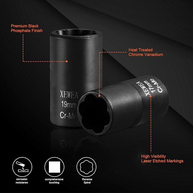 XEWEA 6PCS Impact Lug Nut Extractor Set, Wheel Lock Removal Kit | 1/2-Inch Drive Bolt Remover Twist Socket Kit for Removing Stripped, Damaged, Rusted, Rounded-Off Bolts Nuts Studs, Cr-Mo