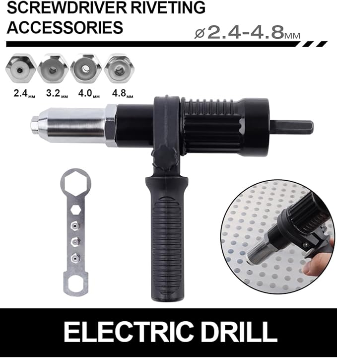 Electric Rivet Nut Drill Adapter, 2026 Professional Electric Rivet Gun Adapter Kit for Power Drill with 3/32" 1/8" 5/32" 3/16" Nosepieces, Heavy Duty Alloy Steel Riveting Tool for Automotive (Black)