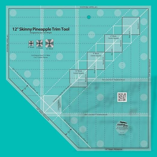 Creative Grids 12in Skinny Pineapple Trim Tool Quilt Ruler – CGRJAW12 – Made in USA, 12-1/2in x 12-1/2in, Non-Slip Grip Acrylic Quilting, Sewing, Crafting, Patchwork Ruler & Template