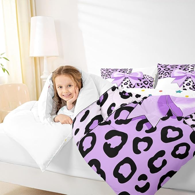 Feelyou Leopard Print Bedding Set Soft for Boys Girls, Purple Cheetah Bow Comforter Set Queen Size Animal Fur Duvet Quilt Microfiber Bedroom Decor 3 Pcs with 2 Pillow Cases