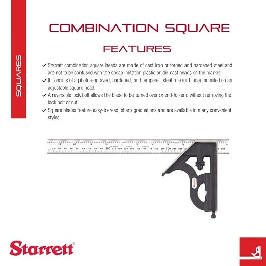 Starrett Steel Combination Square with Square Head - 11-3/4" Blade Length, Cast Iron Heads, Hardened Steel, Reversible Lock Bolt, Scriber, 36 Graduation Type - C11MEH-300
