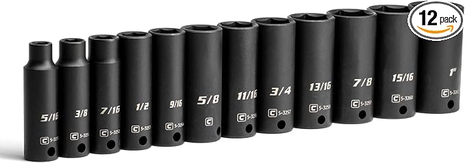 Capri Tools 3/8-Inch Drive Deep Impact Socket Set, SAE, 5/16 to 1 in., Premium Chrome Molybdenum Steel, 12-Piece