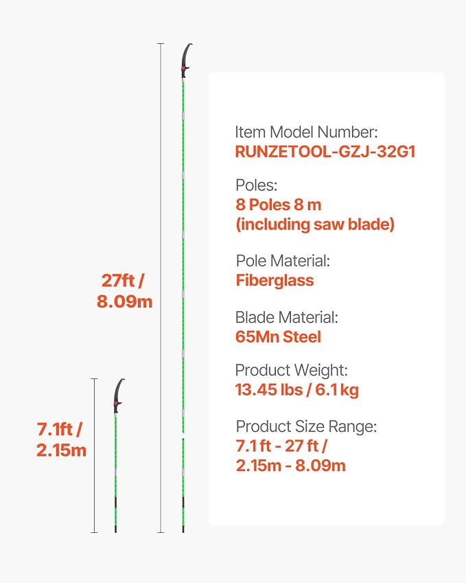 VEVOR Manual Pole Saw, 3.87-27 ft Extendable Pole Tree Pruner, Sharp 65Mn Steel Blade, Lightweight Fiberglass Handle Pole, Double-Hook Saw for High Branch Trimming, Pruning Tool for Palms, Shrubs