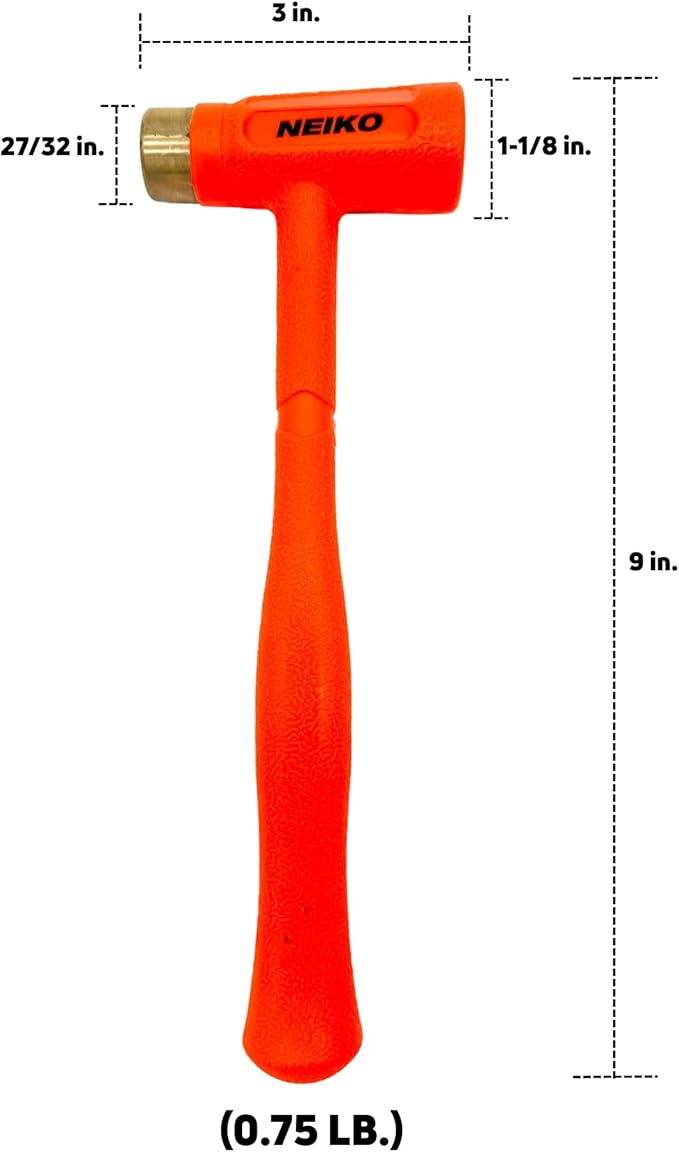 NEIKO 02870A Dead Blow Hammer With Brass Cap, 0.75 Pounds, Neon Orange Deadblow Hammers, Mallet, Spark and Rebound Resistant, Unibody Molded, Soft Blow Rubber, Non Slip Grip, Steel Shot and Core