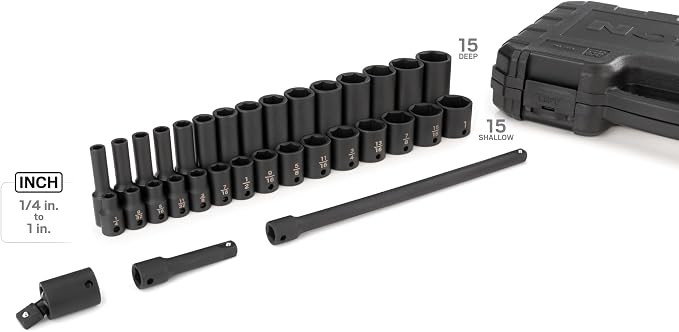 TEKTON 3/8 Inch Drive 6-Point Impact Socket Set, 33-Piece (1/4-1 in.) | SID91400 | (1/4 - 1 in.), Shallow and Deep, 6-Point, Case