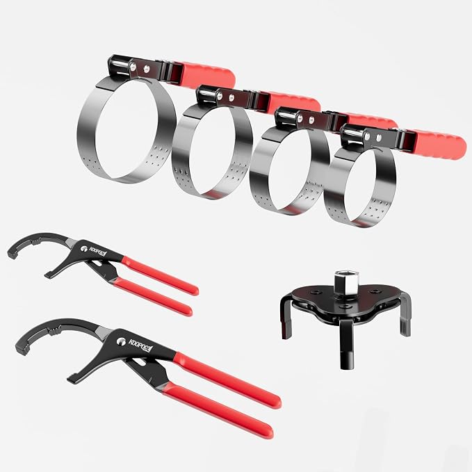 KOOPOOL Oil Filter Wrench Set, 8 Piece Adjustable Oil Filter Pliers 2-3/4" to 5-1/4", 9" & 12" Universal Oil Filter Removal Tool with 1/2" to 3/8" Adapter, Organized in Storage Case (8-Piece Set)