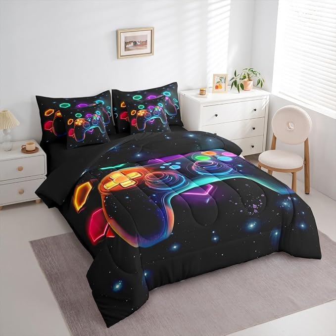 Game Consoles Gaming Bedding Set Queen Bed in a Bag 7 Piece Gamer Gifts,Gaming Comforter Sets for Boys Space Glow Geometric Kids Comforter Sets Boys Red Green Blue Teal,Gamer Room Decor for