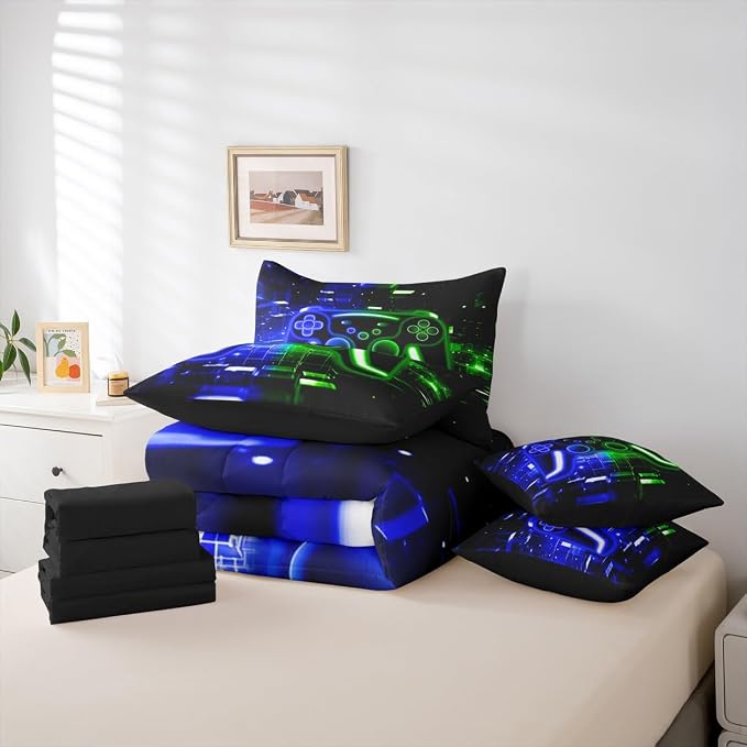 Gaming Twin Comforter Set with Sheets, Gamer 7-Piece Bedding Set Neon Lights Video Game Consoles Bed in a Bag, Blue Green Brick Cube Room Decor,Video Game Decor