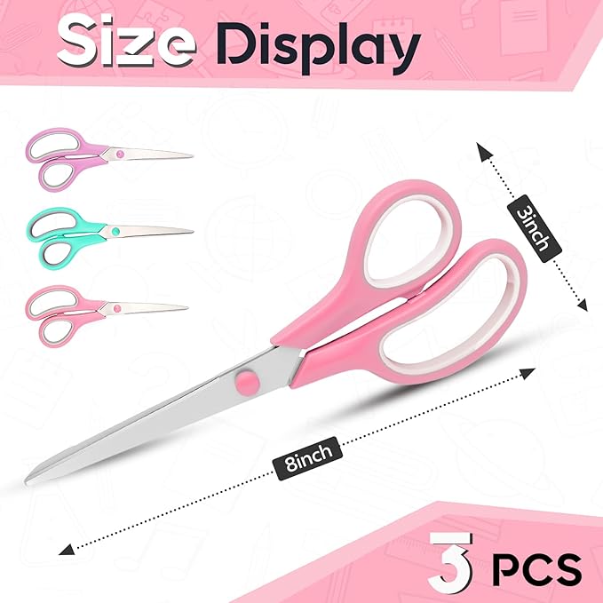 Scissors 8.5 Inch scissors all purpose for Office, Home, Sewing,and Crafts,Soft Comfort-Grip Right/Left Hand 3-Pack, Multicolor