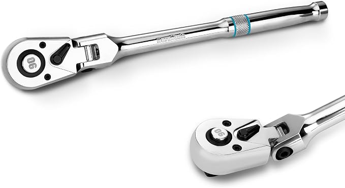 DURATECH 1/2-Inch Flex-Head Ratchet, 90-Tooth Quick-Release Ratchet Wrench | Socket Wrench with 180° Pivoting Head and 7-Position Setting, Reversible, CR-V Made, CR-MO Head, 4° Swing, Full Polished