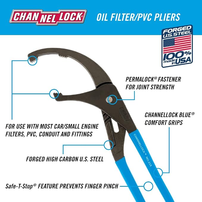 Channellock Oil Filter Plier 215 - Adjustable Slip-Joint, 5-1/2 In Max Dia - 15-Inch