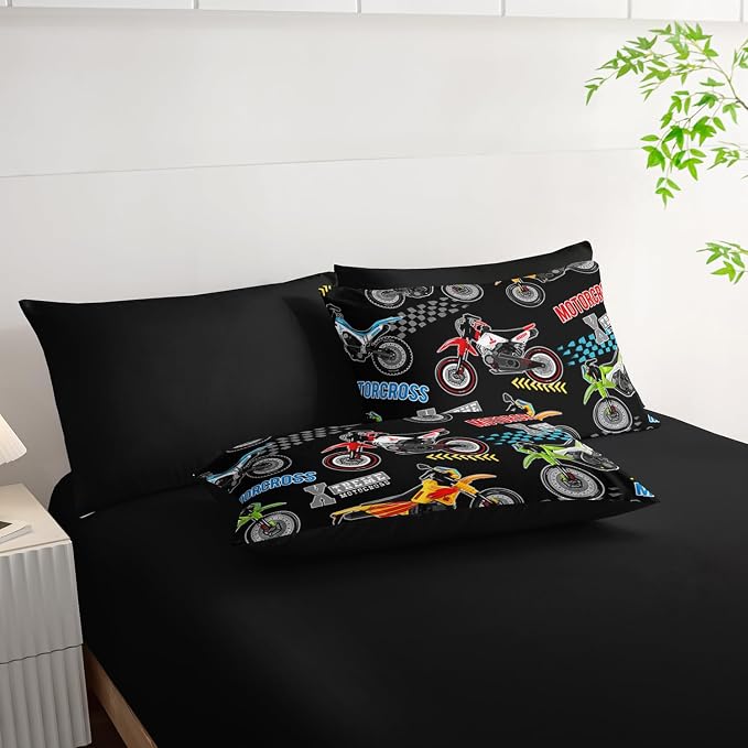 Dirt Bike Comforter Set King Size for Kids,Various Motocross Printed Sheet Set for Boys Teens Room Decor,7Pcs Extreme Sports Themed Bedding with Comforter,Fitted Sheet,Flat Sheet,Pillowcases.