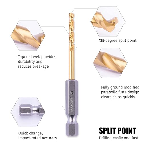 JEFE HEX 1/4" HSS Twist Titanium Drill Bits, Hex Shank for Quick Change, 135 Degree Easy Cut Split Point Drill Bit for Steel, Copper, Aluminum, Zinc Alloy, Wood, and Plastics (Pack of 6).