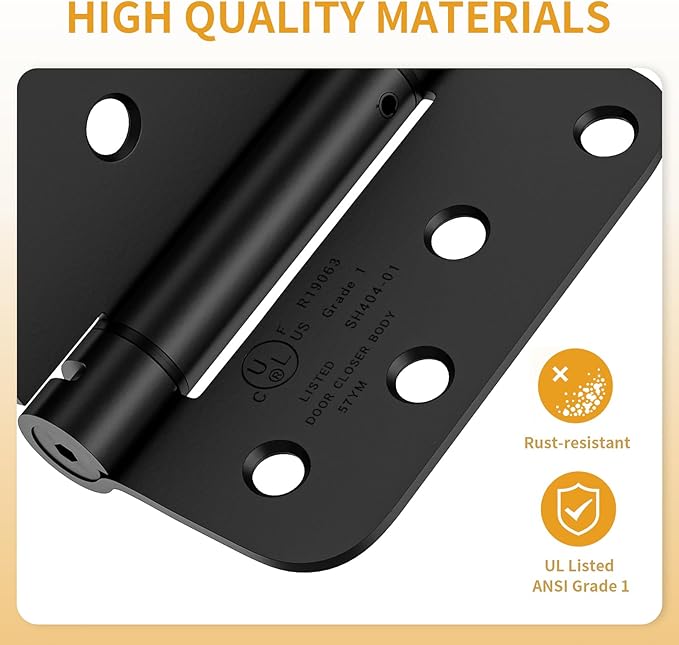 Luxbaro 4 Pack Self Closing Door Hinges 4 Inch, Matte Black Spring Loaded Hinges with 5/8'' Radius Corners, Adjustable Tension for Garage, Front Door, for Left and Right Hand Door, UL Listed