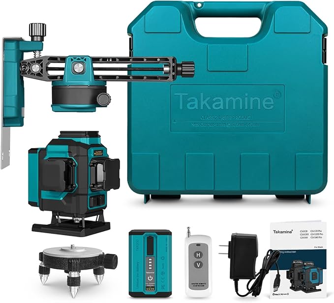 Takamine 3x360° 12 Lines Self Leveling Floor Green Laser Level, Laser Level for Construction/Picture Hanging/Floor/Tile with Remote Controller, Magnetic Rotating Stand and Type-C Charger