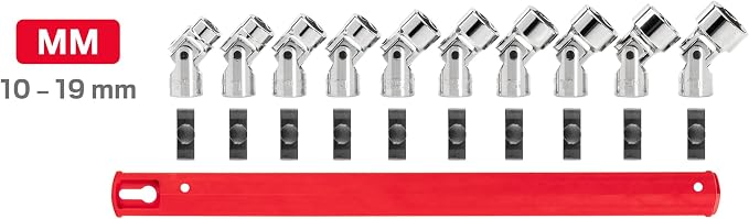 TEKTON 3/8 Inch Drive Universal Joint Socket Set, 10-Piece | SHD91119 | (10 - 19 mm), Shallow, 6-Point, Socket Rail