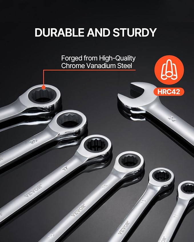 VEVOR Ratcheting Wrench Set, 30-Piece Combination Wrench Set, 72 Teeth | SAE 1/4" to 1", Metric 8 mm to 24 mm, Cr-V Steel, with Organizer Rack, for General Household, Garage, Workshop, Emergency