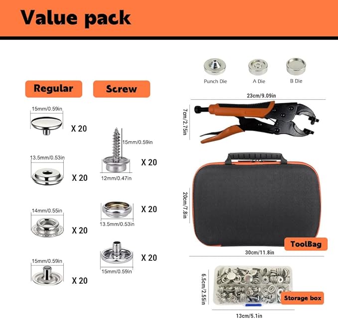 Heavy Duty Snap Fastener Tool Kit Includes 40 Sets 15mm Snaps for Boat Cover,Repairing Boat Covers, Canvas, Sewing, Tarps