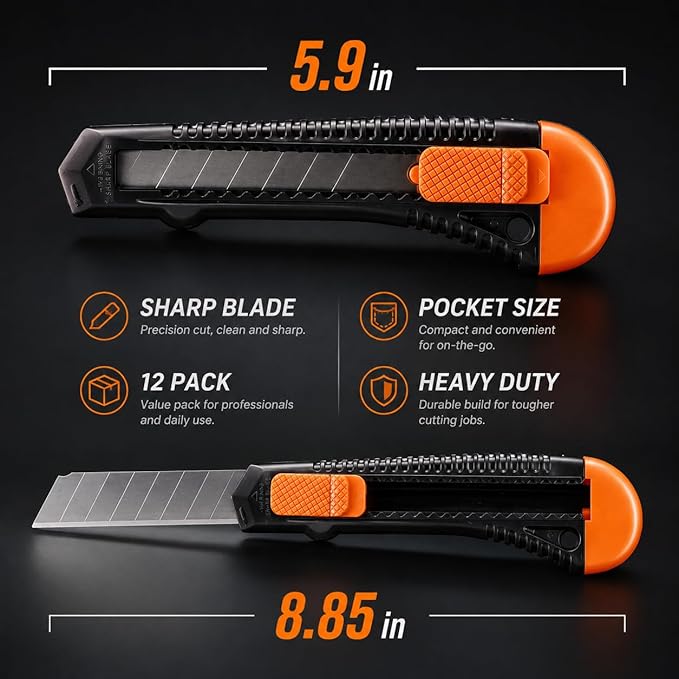 REXBETI 12-Pack Utility Knife, Retractable Box Cutter for Cartons, Cardboard and Boxes, 18mm Wider Razor Sharp Blade, Smooth Mechanism, Perfect for Office and Home use