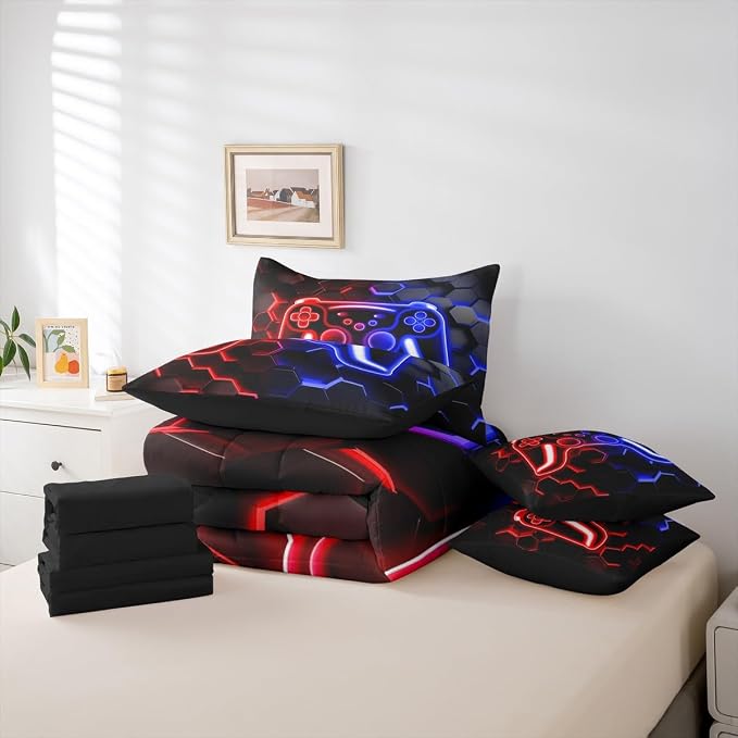 Erosebridal Gaming King Size Comforter Set with Sheets, Neon Honeycomb Gamer 7 Piece Bedding Set Retro Game Console Bed in a Bag, Red Blue Hexagon Lights Room Decor,Gaming Decor for Boys Bedroom