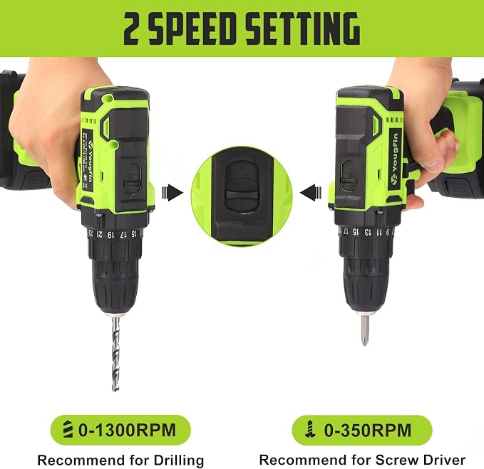 Cordless Drill Driver Set 20V Power with Battery Charger and Carrying Case, 25+1 Torque Electric Drill, Variable Speed, 266 In-lb, 3/8'' Keyless Chuck, 34pcs Driver Bit, for Women, Green