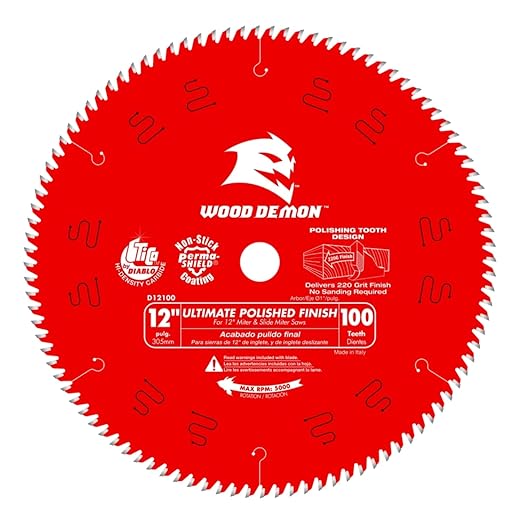 Diablo Ultimate Polished Finish Saw Blade for Wood - 12" Diameter, 100 ASFG Teeth, 1" Arbor, .098" Kerf, 7° Hook Angle, .071" Plate, 5000 Max RPM - D12100X
