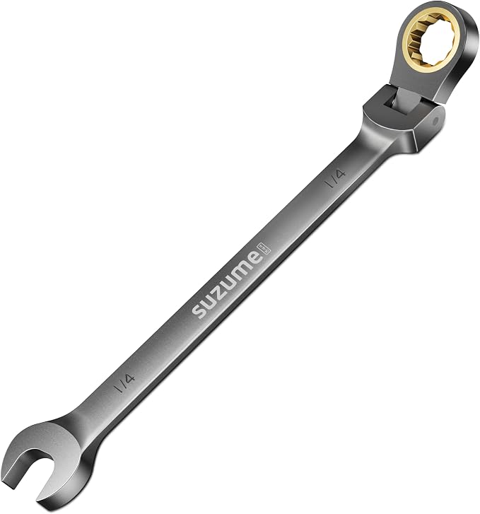 SUZUME 1/4” Flex Head Ratcheting Wrench SAE 72 Teeth Cr-V Steel with 180° Flexible Head 15K+ Cycle Locked Gears Black Nickel Coating