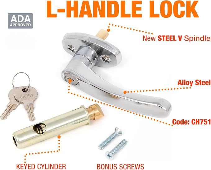 Oswald Supply L Handle and Latch Set, Chrome Locking ADA Approved with V- Spindle, Round Bolt/Plunger Latch, Midland Style with Keys and Hardware for Trash Chute and Linen Chute Doors