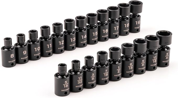 TEKTON 3/8 Inch Drive Universal Joint Impact Socket Set | SID97004 | 21-Piece, (5/16 - 3/4 in., 8 - 19 mm), Shallow, 6-Point