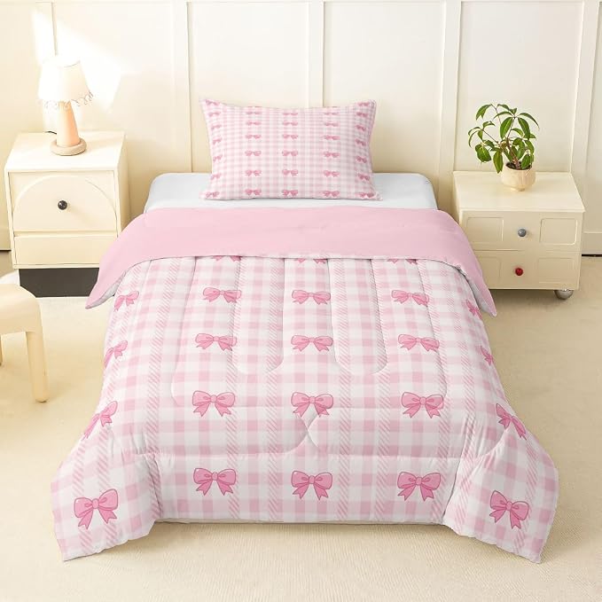 Feelyou Pink Bow Checkered Comforter Set Twin Size Chic Grid Bowknot Bedding Set for Kids Boys Girls Princess Duvet Quilt Bedroom Decor Microfiber 2 Pcs with 1 Pillow Cases