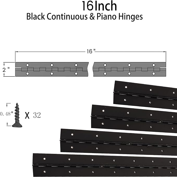 2PCS 16Inch Heavy Duty Piano Hinge,0.05" Thickness,2" Open Width Stainless Steel Black Continuous &Piano Hinge with Holes and Screws.