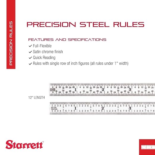 Starrett Full Flexible Steel Rule with Satin Chrome Finish, Quick Reading, and Inch Graduation - 16R Graduation, 12" Length, 1/64" Thickness - C316R-12