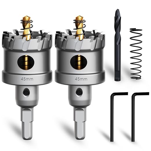 Metal Hole Saw 1-3/4''(45mm) 2Pcs Set Heavy Duty Tungsten Carbide Tipped Hole Cutters Set with a nitrided Step Drill and L-flench, for Steel Iron,Aluminum,Stainless stell