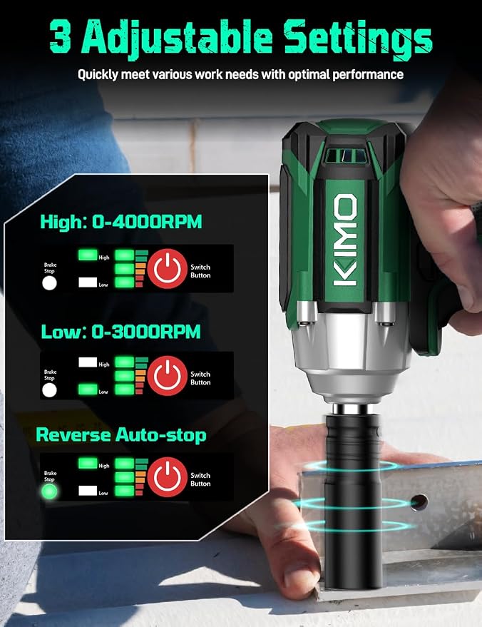 KIMO Impact Wrench 1/2 Cordless, Impact Gun for Car Tire, 20V Impact Driver | 550N.m (410ft-lbs), 4000RPM/3500IPM , 4 Sockets, 9-Piece Drill& Driver Set, Safety Lock, Variable Modes, 4000mAh Battery